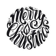 Merry Christmas. Hand lettering calligraphy. Isolated on white background. Vector holiday illustration element in a round shape with a candle. Xmas script calligraphy