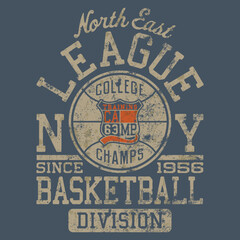 Basketball league college champions team  vintage vector print for t shirt grunge effect in separate layer - obrazy, fototapety, plakaty