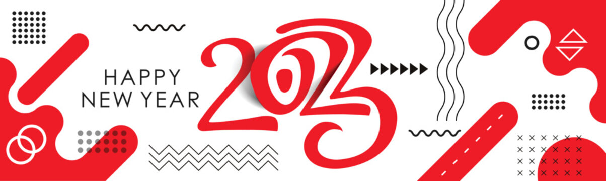 new year 2023 cover with modern abstract red design and background in retro style. happy new year greeting card banner for 2023 typography and resolution. Red Vector illustration.