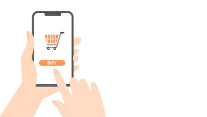 ショッピングカートとBUYの文字が表示されているスマホを持つ人の手 - 買い物･ブラックフライデーのイメージ素材	
