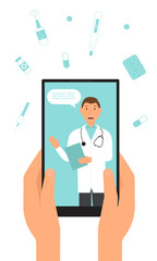 Online doctor. Consultation with a doctor via the Internet. Flat style. Vector.