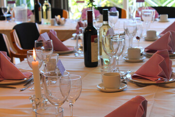Celebration at a restaurant with wine, coffee and dinner for many guests