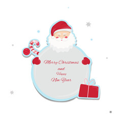 Christmas and New Year postcard vector template. Santa Claus with red gifts, candy, christmas ball. Stiker puper cut hand drawing isolated on white