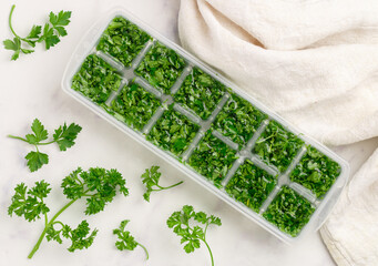 Frozen herbs for cooking. Fresh organic parsley and parsley ice cubes on a marble background. The concept of frozen food. Selective focus, top view and copy space - 544945359