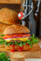 Tasty grilled homemade burger with beef, fresh tomato, cheese cheddar, red onion, lettuce and ketchup on a sesame bun. rustic wooden background. fast food concept. Selective focus