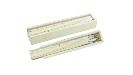Wooden pencil case box with ruler lid and colour pencils isolated on white background,Office...