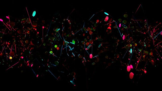 yellow circles on a red frame move on a black background. looped animated background. 3d render.