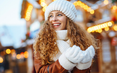 Beautiful woman next to the christmas fair. Winter cozy portrait. Holidays, rest, travel concept.