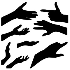 Set of popular hand silhouette gestures. Gestures give, index, gun, shot, request, alms. Abstract black icon on white background. Social media marketing.