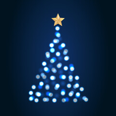 Abstract christmas tree with star. Bokeh on navy background