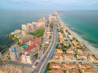 La Manga del Mar Menor Murcia spain, aerial Spectacular aerial images with drone view of the lagoon and the Mediterranean Sea at sunset