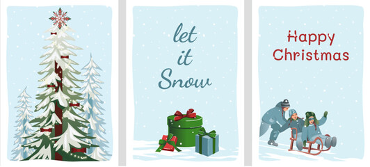 Set of Christmas cards. Decoration of a Christmas tree in the forest with garlands. Gift boxes. Children are sledding. Cute illustrations of New Year holidays. Merry Christmas.