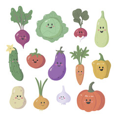 Fototapeta premium Set of vegetables characters. Fresh healthy vegetarian food. Farm harvest for shops. Funny characters for children's designs. Vector illustration in cartoon style