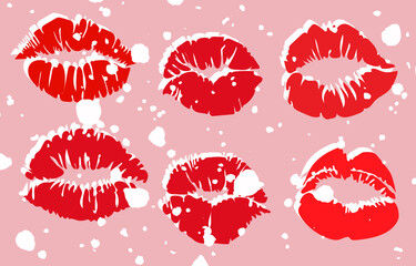 A set with red lipstick prints on a white background with noise. Lips with noise in shades of red, background for packaging. Suitable for printing on paper and textiles. For Valentine's Day.