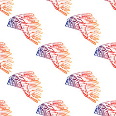 Thanksgiving seamless pattern with hand drawn Indian headdress. Gradient from orange and deep violet. Suitable for packaging, wrappers, fabric design