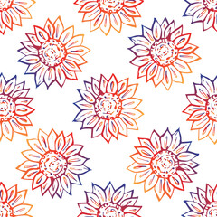 Thanksgiving seamless pattern with hand drawn sunflower. Gradient from orange and deep violet. Suitable for packaging, wrappers, fabric design