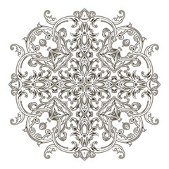 Baroque mandala pattern. Black and white floral Damask background with vintage lines flowers, scroll leaves. Antique black ornament in Baroque Victorian style. Isolated ornate mandala design on white