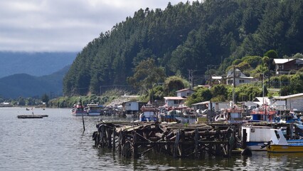 boats on the lake, coast town in Chile