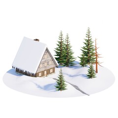 3D RENDERING OF CHRISTMAS HOUSE AND TREE TOY IN SNOW ISOLATED ON WHITE PLAIN BACKGROUND