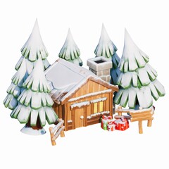 3D RENDERING OF CHRISTMAS HOUSE AND TREE TOY IN SNOW ISOLATED ON WHITE PLAIN BACKGROUND