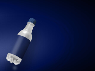 Transparent water bottle with blue label and blue cap on blue background. 3D illustration