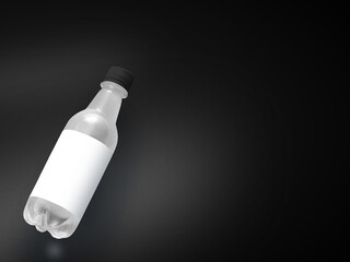 Transparent water bottle with white label and black cap on black background. 3D illustration