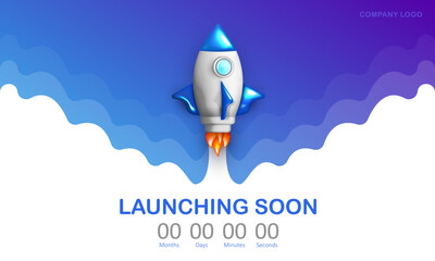 Launching soon banner with 3d cartoon rocket and countdown. Realistic cute spaceship with flames from turbines flying into space. Web page template for business startup, advertisement, company project