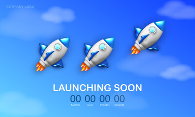 Launching soon banner with 3d cartoon rockets in blue sky with clouds and countdown. Realistic cute spaceships flying into space. Web page template for business startup, advertisement, company project