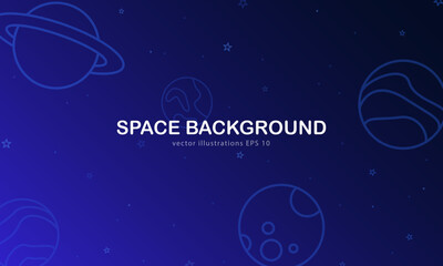 Cartoon cute wallpaper with space. Dark blue background with planets, stars, asteroids, Moon, comets in linear flat style. Cartoon galaxy backdrop.