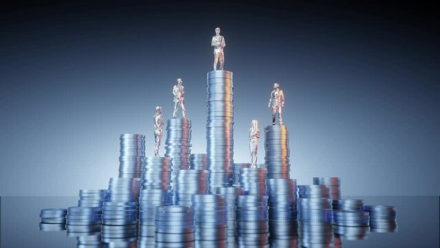 low poly business man and woman, standing on coin, unequal height, represents competition, winner will be at the highest point