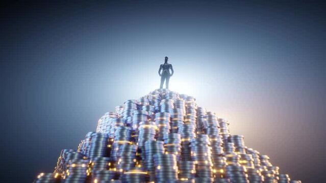 business man silhouette, standing on a lot of coins. Numerous coins lined up in mountain shapes, blue background, orange glow on the coins, the camera slowly retreated.