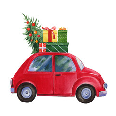 Christmas Red car with fir tree, gifts isolated on white background. watercolor illustration.