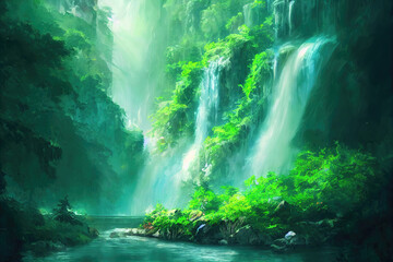 Fototapeta na wymiar a beautiful waterfall in a rainforest, anime painting