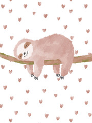 Cute sleeping sloth, pink hearts background  illustration. Baby animal watercolor poster © Alesse