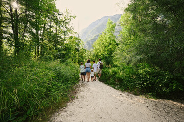 Fototapeta premium Back of family with four kids in Triglav National Park, Slovenia.