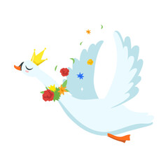 Swan or goose princess vector. Cartoon white bird wearing golden crown and floral decoration isolated on purple background. Spring, fairy tale, wedding, ballet concept