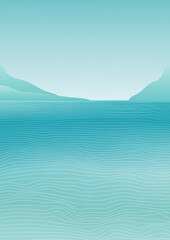 Seascape on a cloudless day. Vector illustration of a landscape with gradients. Lines, mountains, waves. Graphic print.