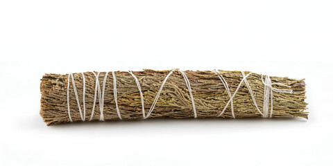 Cedar smudge stick closeup isolated on white background