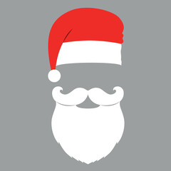 Santa Claus red hats, white moustache and beards. Christmas flat elements. Vector illustration