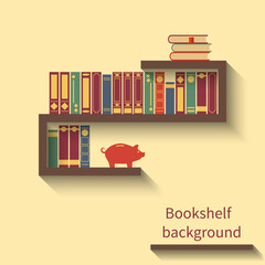 Bookshelf with books and piggy bank. Bookshelf in flat style with shadow. background reading. Vector illustration