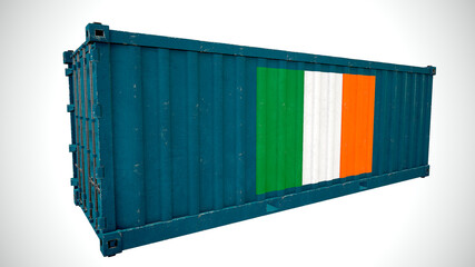 Isolated 3d rendering shipping sea cargo container textured with National flag of Ireland.