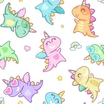 Dinocorn or dinosaur unicorn hand drawn doodle seamless pattern. Cute Dinosaurs unicorns for print design. Rainbow Unicorn or dinosaur background for kids wallpaper design. Isolated vector
