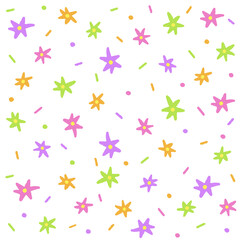 Fototapeta na wymiar Cute Star Flower Orange Pink Purple Green Confetti Sprinkle Sparkle Ditsy Floral Shine Small Polkadot dot Mini Line Abstract Colorful Pastel Seamless Pattern Background