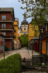 Fototapeta na wymiar Street view of katarina church, a yellow coloured church in Stockholm, Sweden