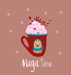 Magic time lettering. Cup with whipped cream, candies, sweets. Vector illustration for greeting card, print