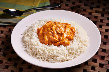 Beef Chicken Stroganoff rice served in dish isolated on table side view of middle east food