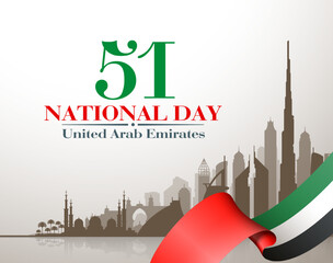 51 UAE National day flat paper style banner with UAE flag. Holiday card for 2 december 1971 - 2022, 51 National day United Arab Emirates Spirit of the union. Design with Dubai and Abu Dhabi silhouette