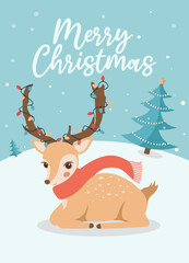Christmas greeting card or poster with cute reindeer and winter landscape
