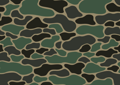 Camouflage texture seamless pattern with flat curve spots. Abstract modern military endless background for fabric and fashion print. Vector illustration.