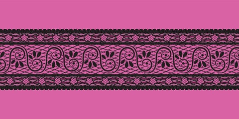Black lace on a pink background - Sexy valentines fine lingerie - obrazy, fototapety, plakaty